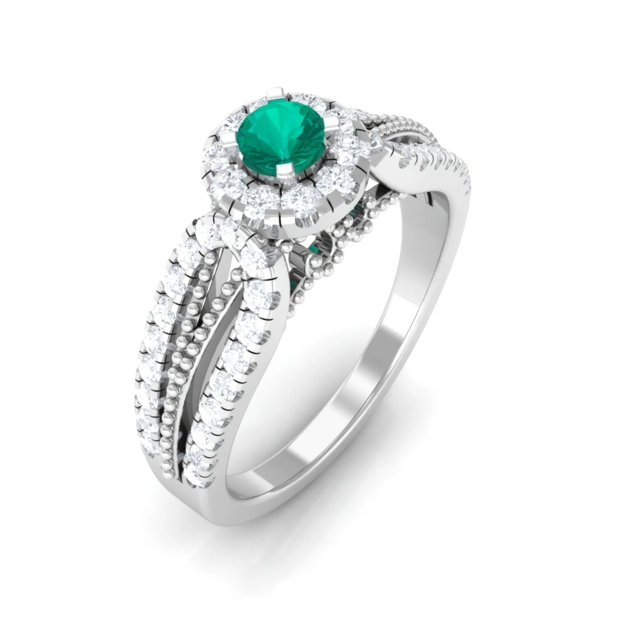 Real Emerald and Diamond Designer Engagement Ring in Split Shank