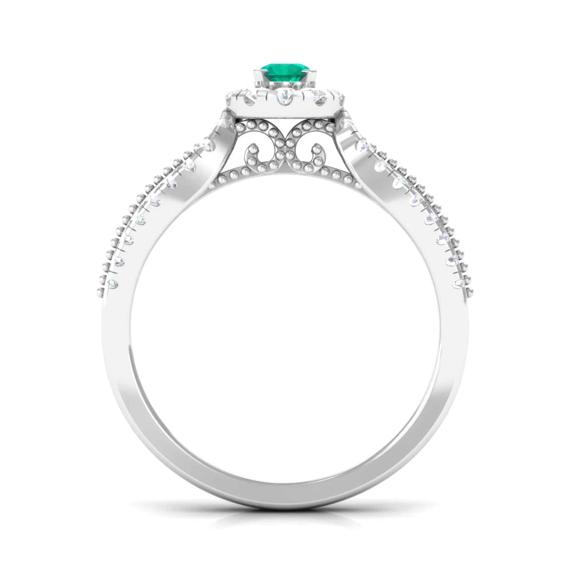 Real Emerald and Diamond Designer Engagement Ring in Split Shank