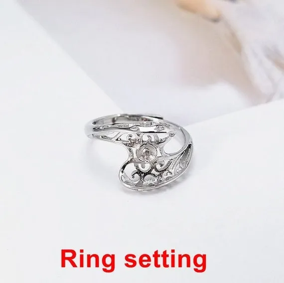 Ring Setting Blank 8.5mm 1pc 2.0g 925 Sterling Silver Adjustable Round Shape Base for 1 Pearl Bead Wholesale Available