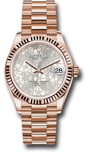 Rolex Everose Gold Datejust 31 Watch - Fluted Bezel - Silver Floral Motif Diamond Dial - President Bracelet 278275 sflomdp