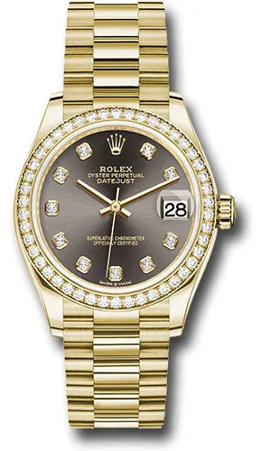 Rolex Yellow Gold Datejust 31 Watch - Diamond Bezel - Dark Grey Diamond Dial - President Bracelet 278288RBR dkgdp