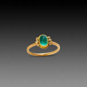 Rose Cut Emerald Ring with Diamond Trios