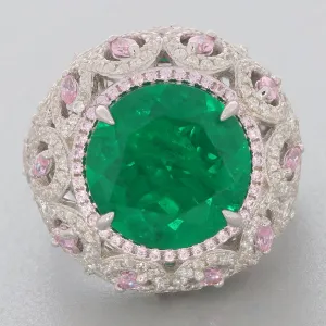 Round Green Emerald Sterling Silver Ring with Accent