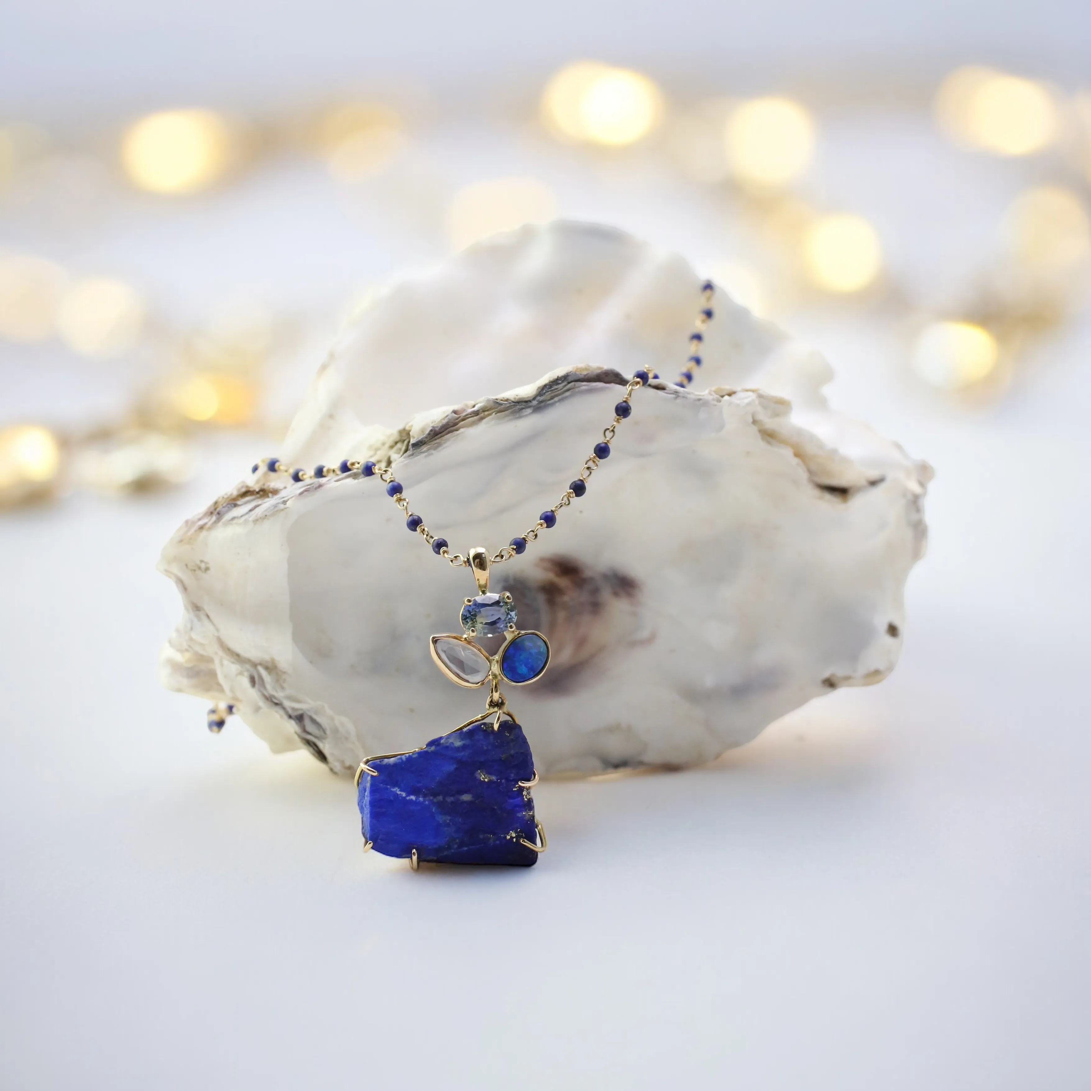 Sapphire, Opal and Lapis Cairns Pendant on Lapis Chain