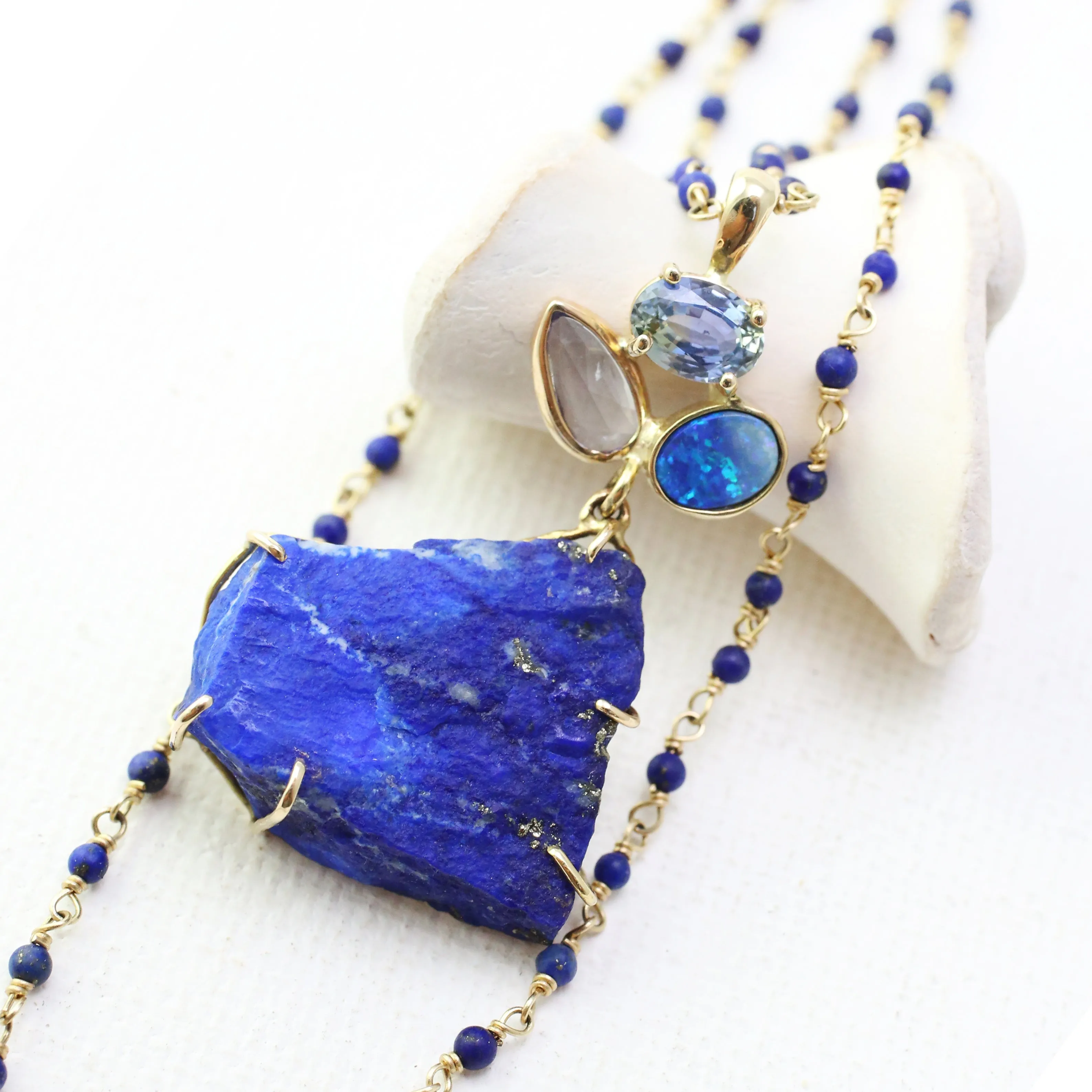 Sapphire, Opal and Lapis Cairns Pendant on Lapis Chain