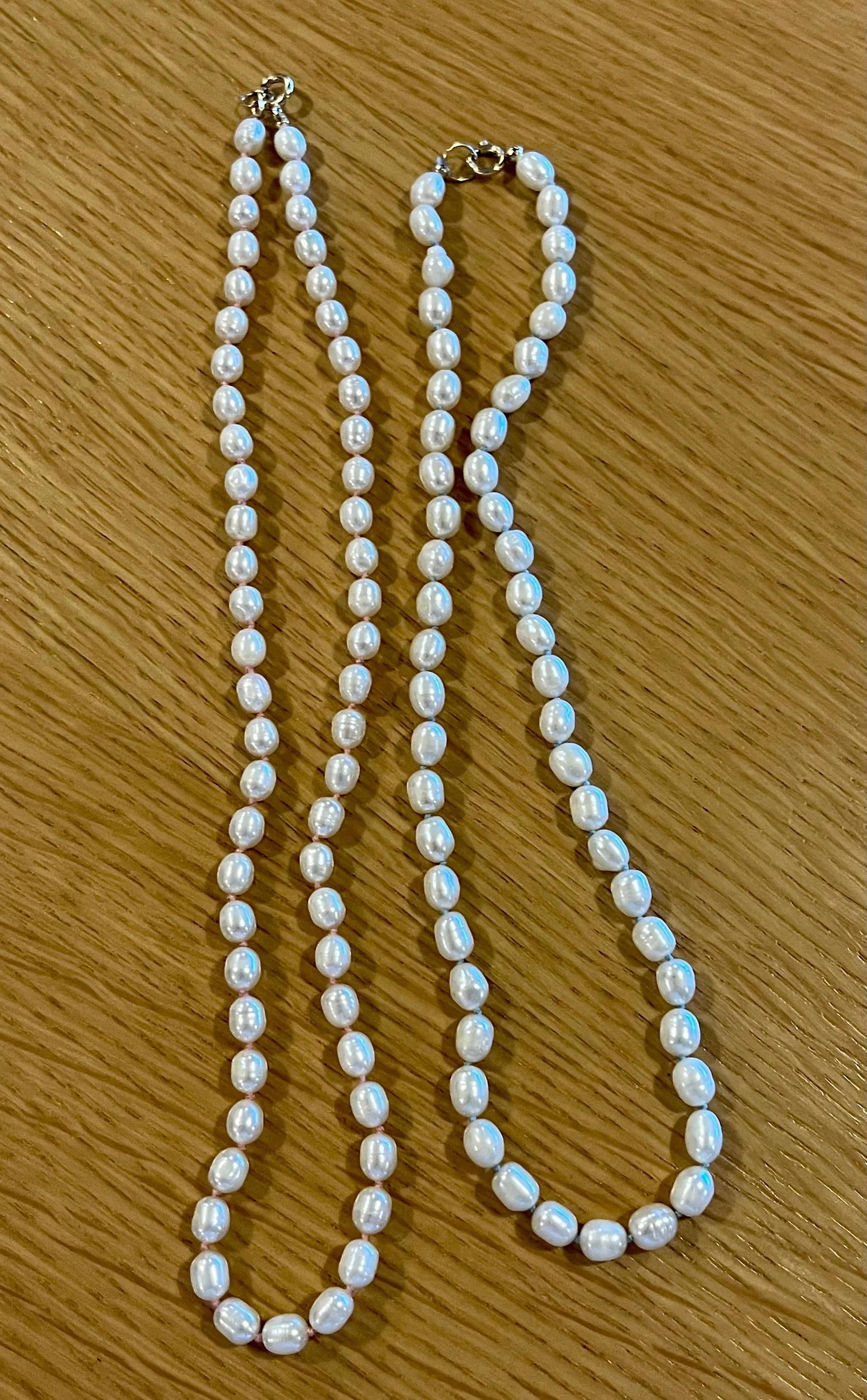 Sea Pearl necklace hand knitted with Tiffany blue silk 14K yellow gold clasp