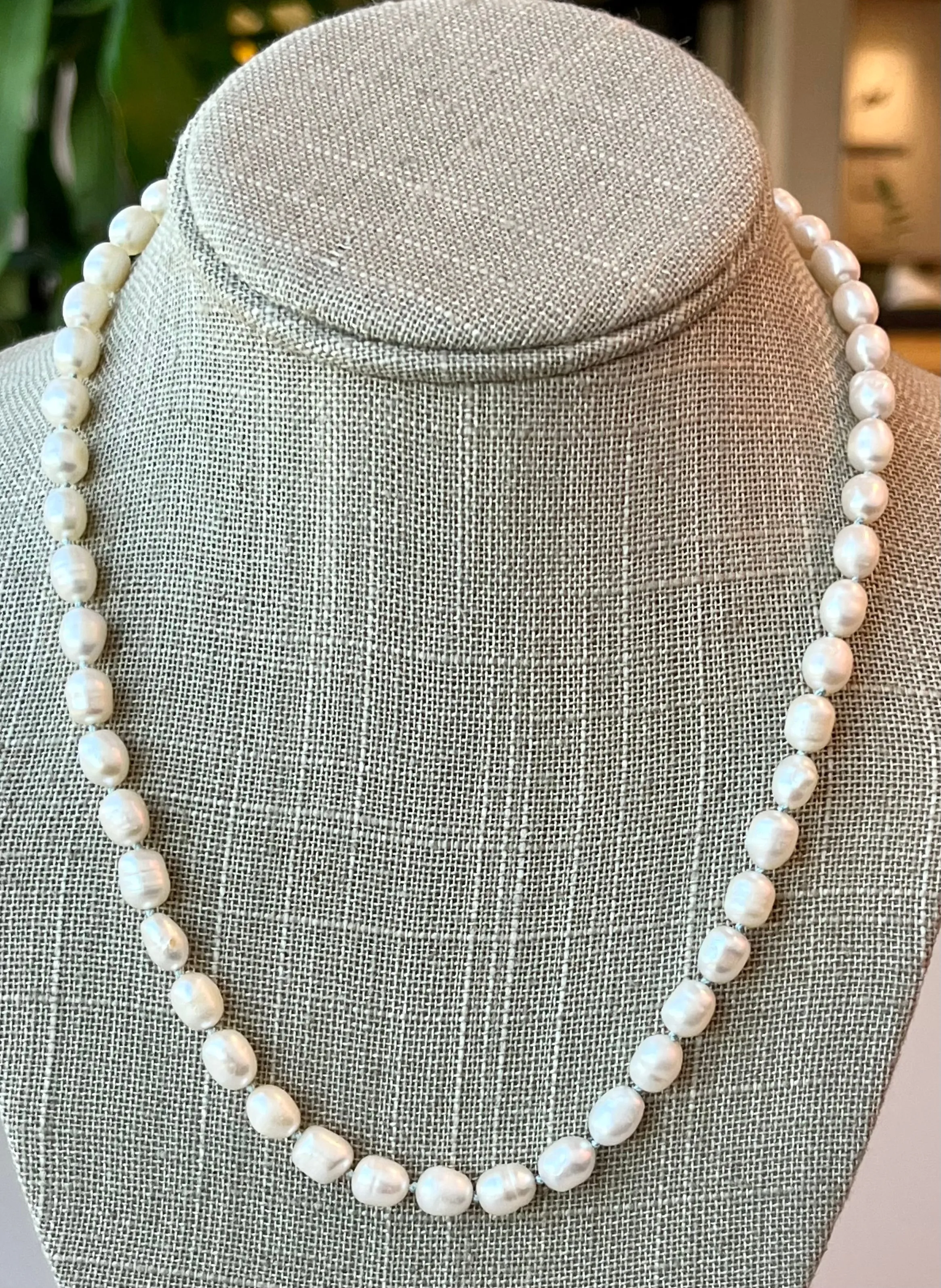 Sea Pearl necklace hand knitted with Tiffany blue silk 14K yellow gold clasp