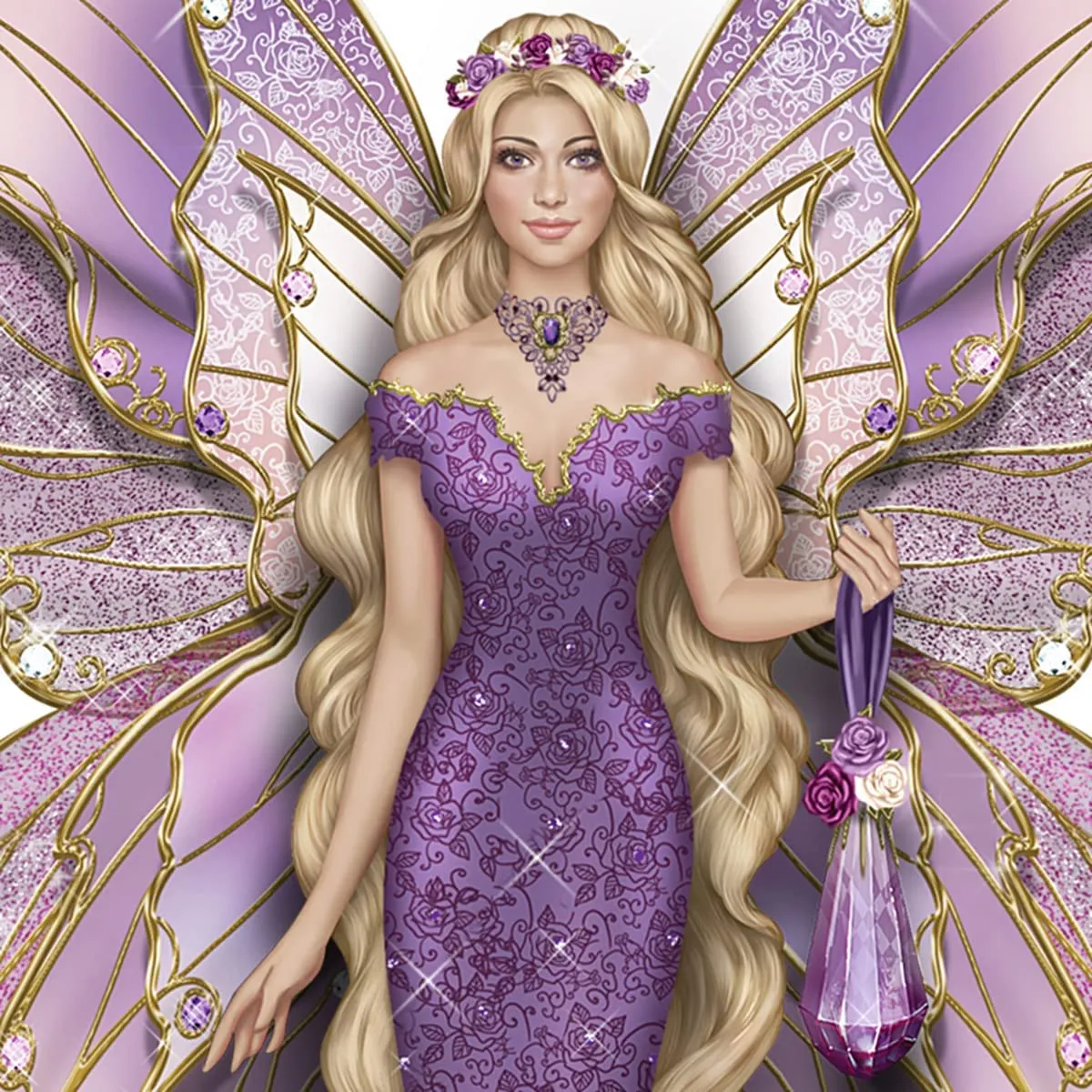 Serenity of The Amethyst Hand-Painted Fairy Figurine Featuring Butterfly-Like Layered Wings with Hand-Applied Glitter Inspired by Artist Sara Biddle