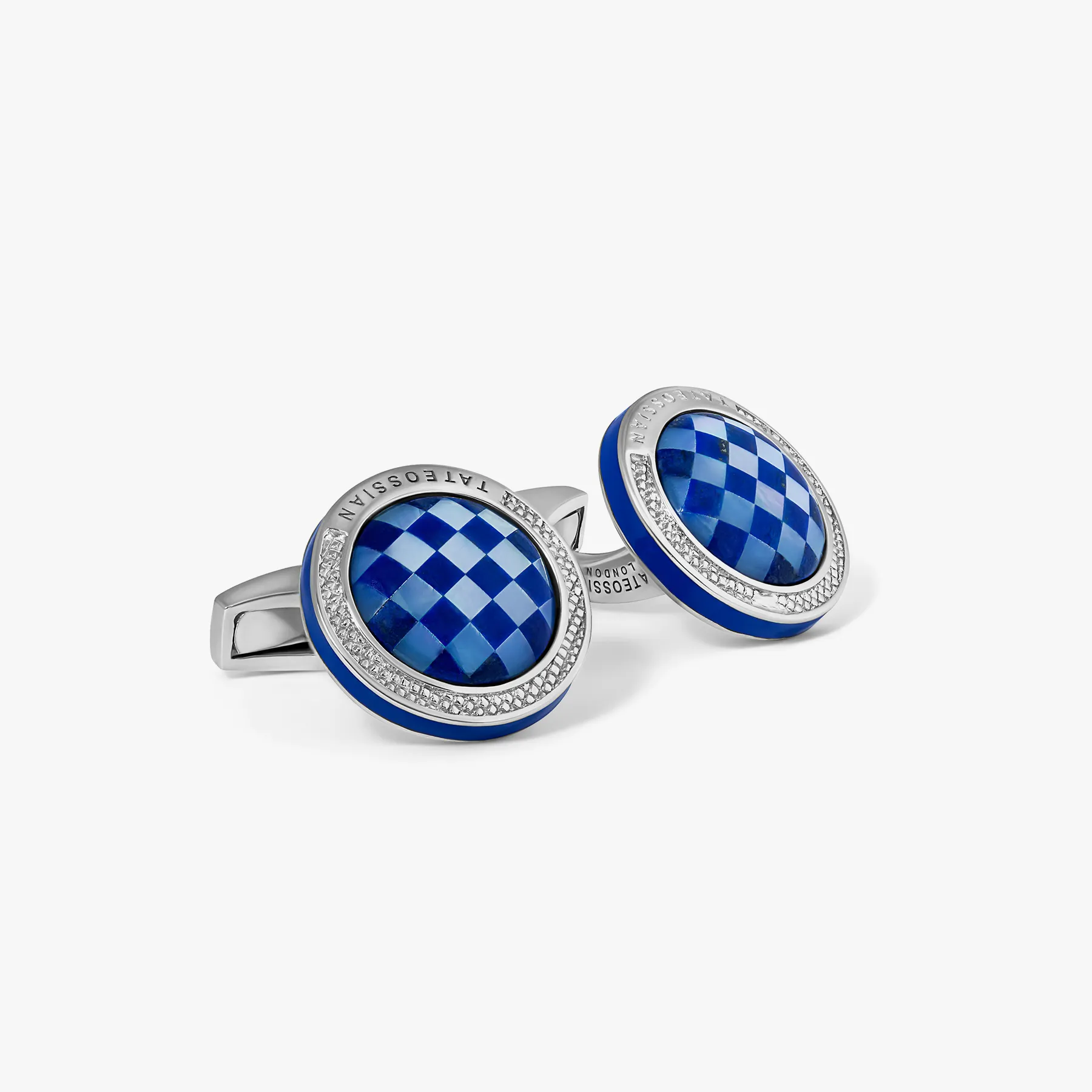 Signature Round Cufflinks in Rhodium Plated Silver with Lapis Mosaic Stone