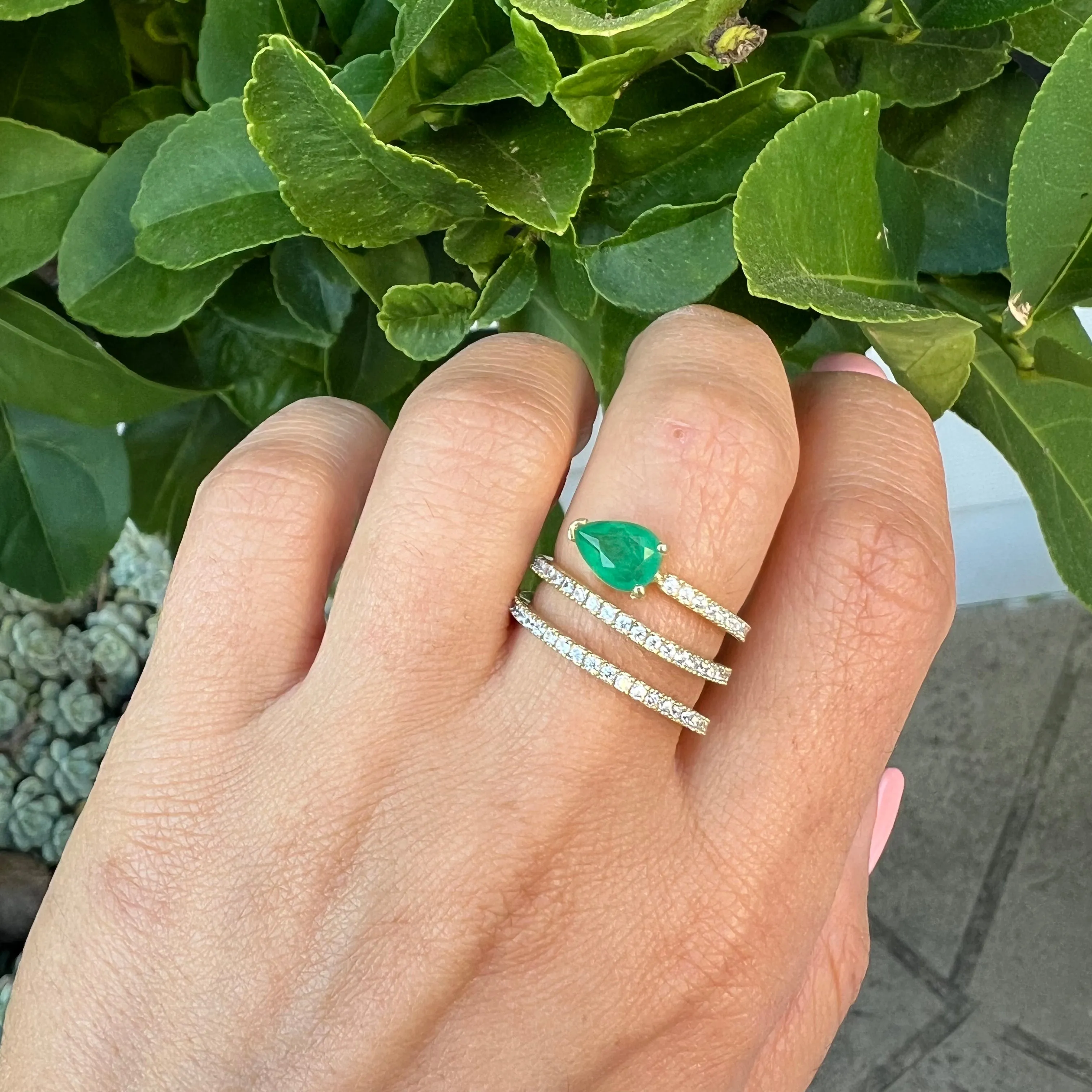 Silver gold plated spiral pear emerald ring