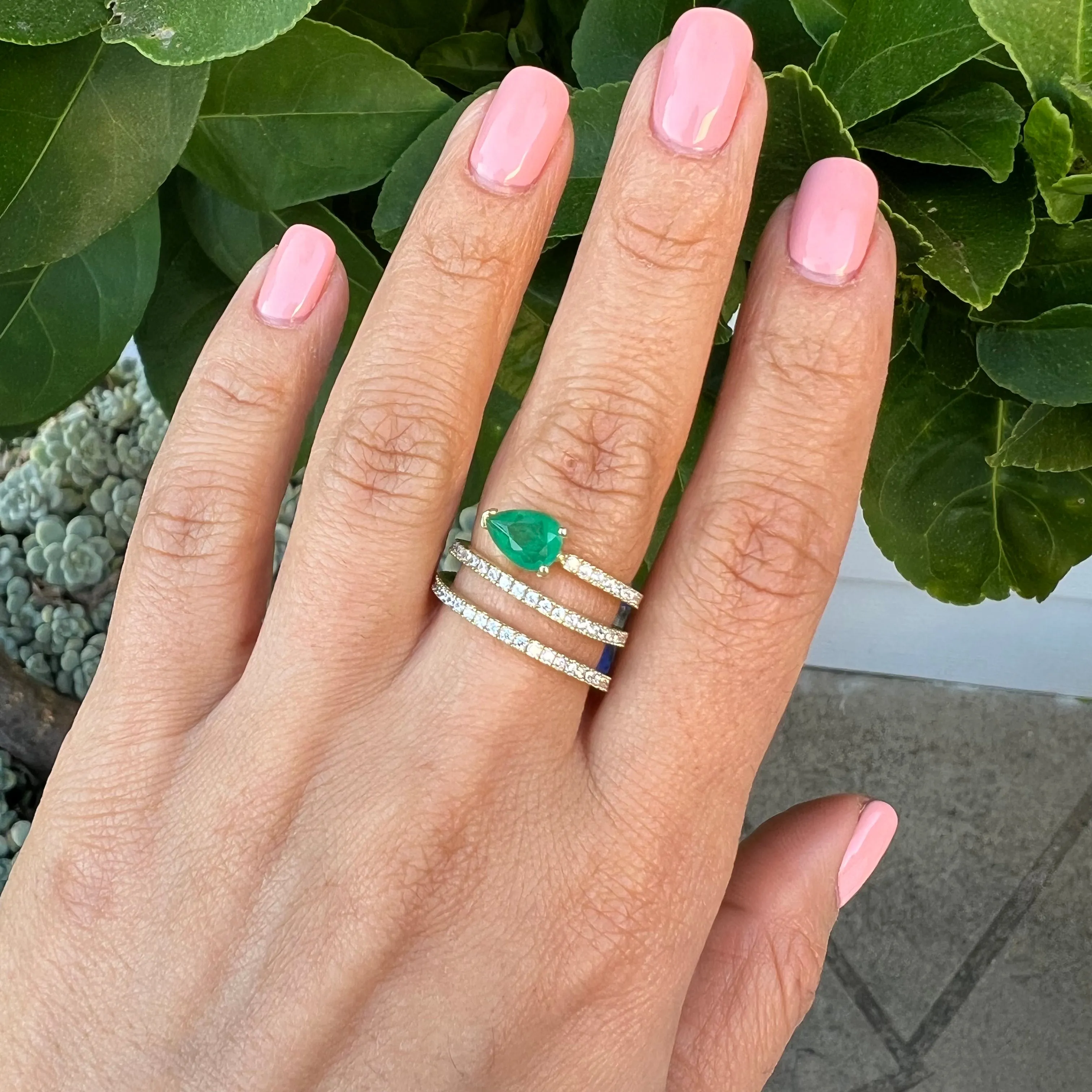 Silver gold plated spiral pear emerald ring