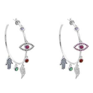 Silver Multi Color Cubic Zirconia Charm Hoop Earrings