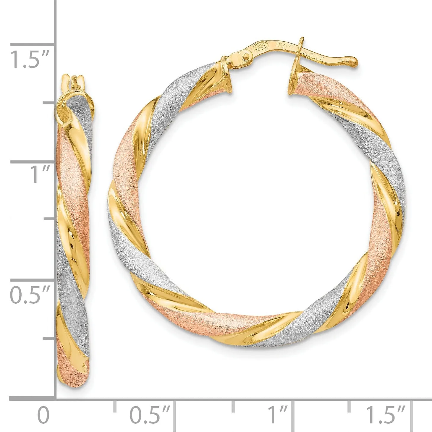 Silver Tri color Twisted Hinged Hoop Earrings