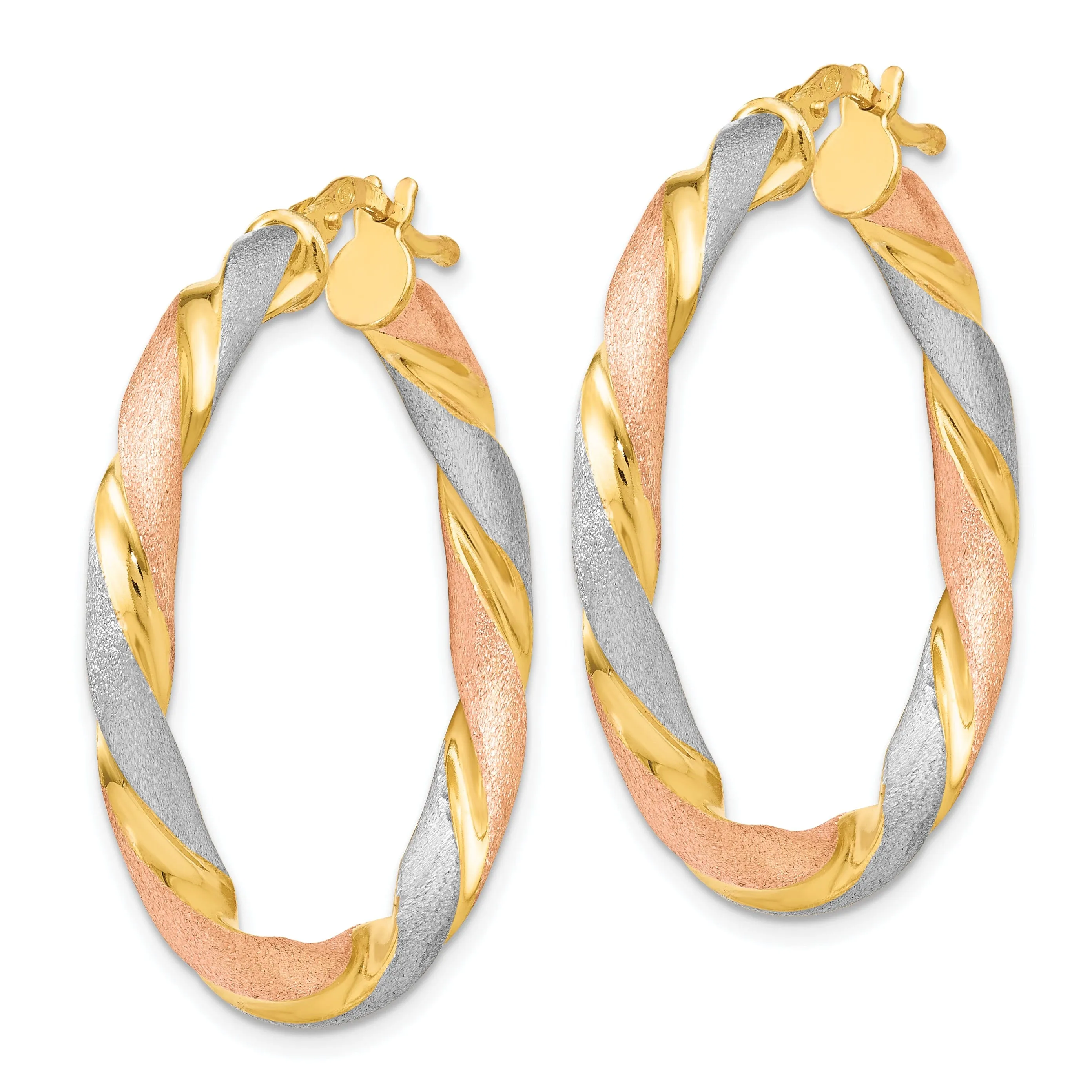 Silver Tri color Twisted Hinged Hoop Earrings