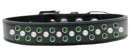 Sprinkles Dog Collar Pearl and Emerald Green Crystals Size 18 Black