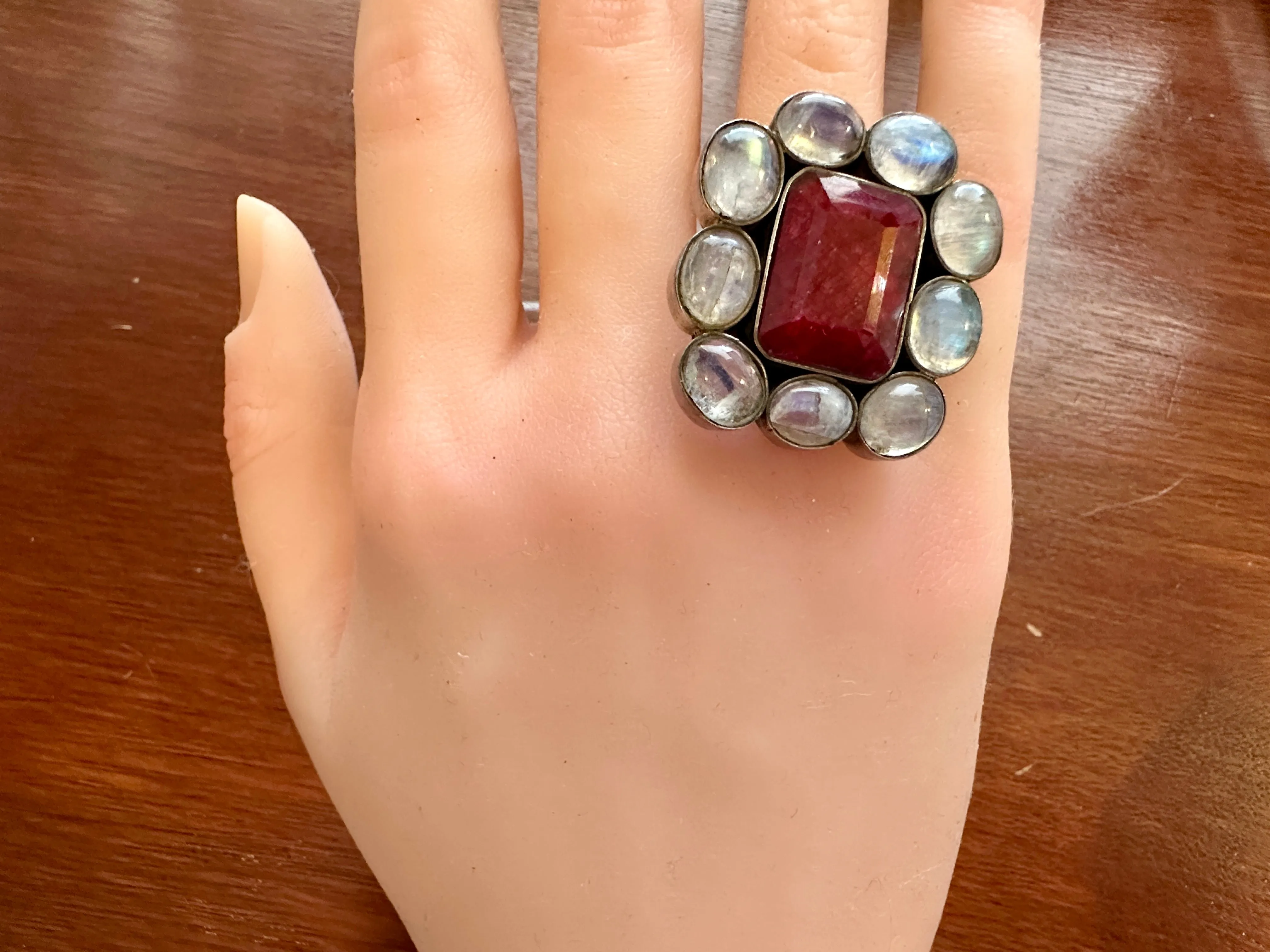 Sterling Silver 925 Moonstone Cabochon Raw Ruby Cocktail Ring Sz 7