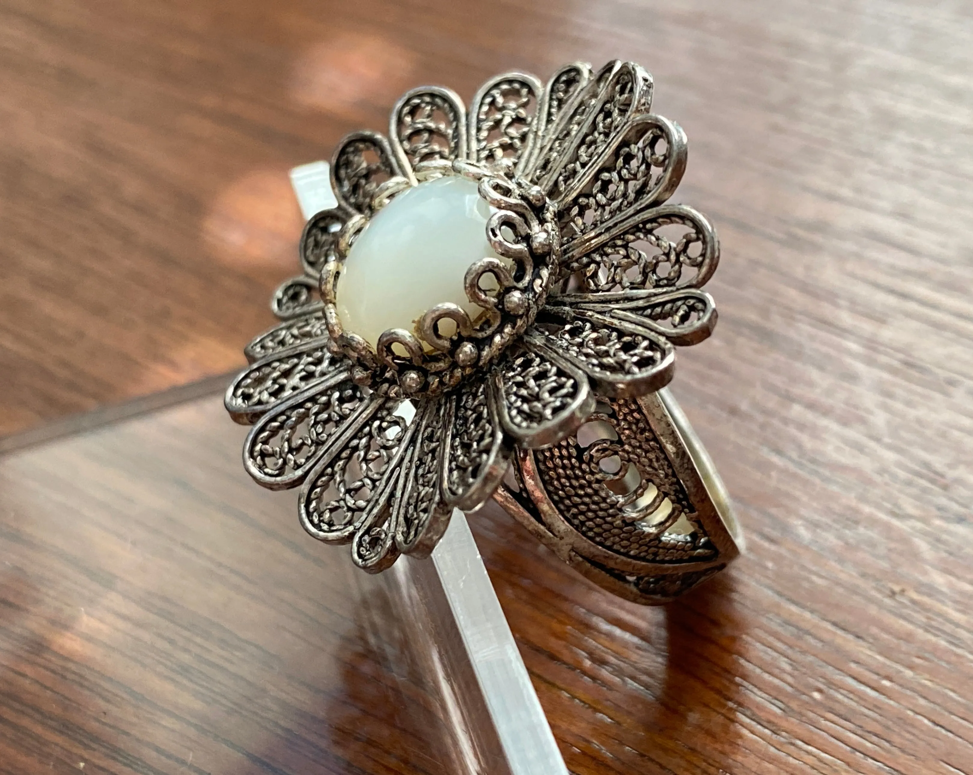 Sterling Silver 925 Moonstone Filigree Flower Ring Sz 10