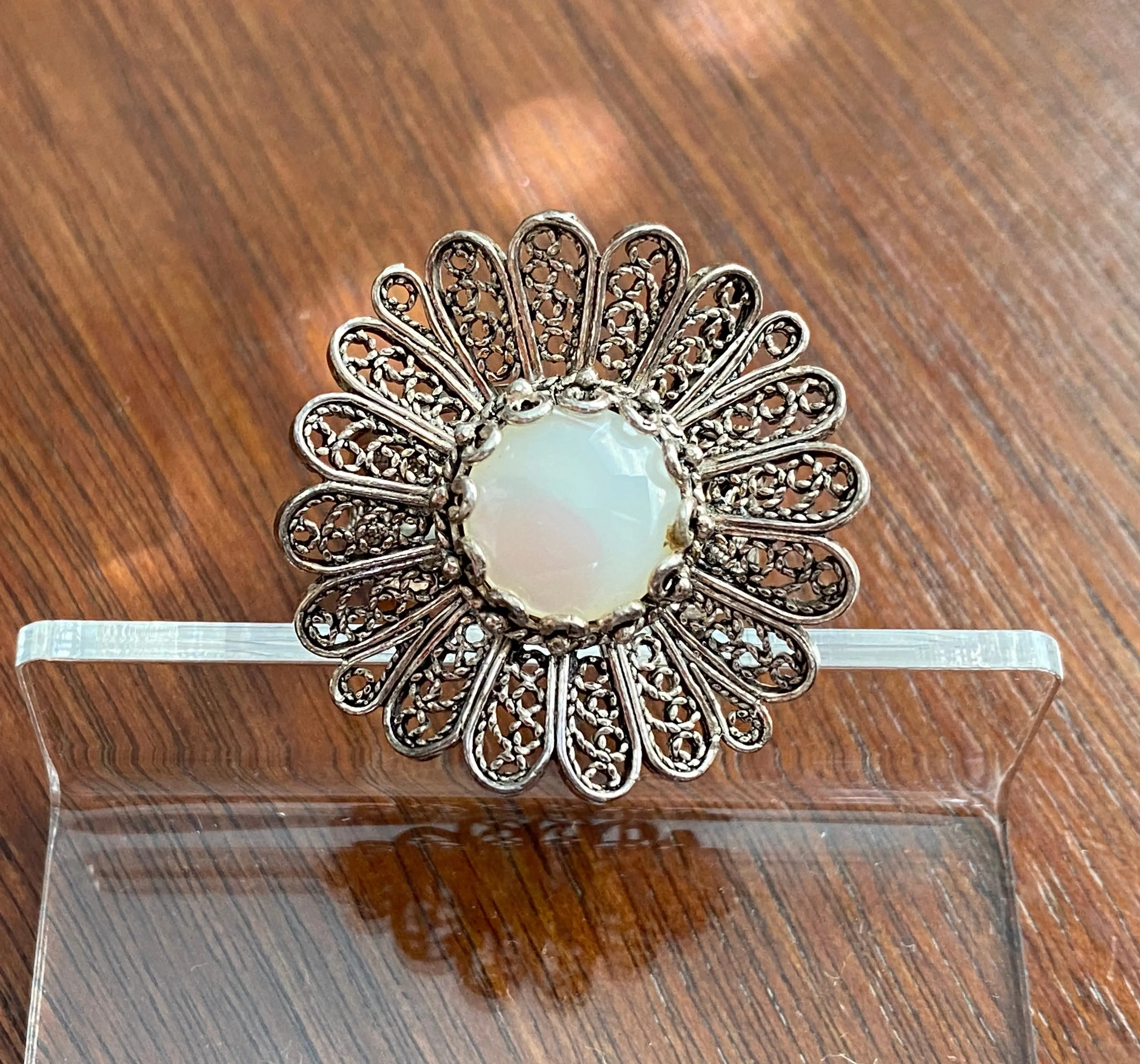 Sterling Silver 925 Moonstone Filigree Flower Ring Sz 10