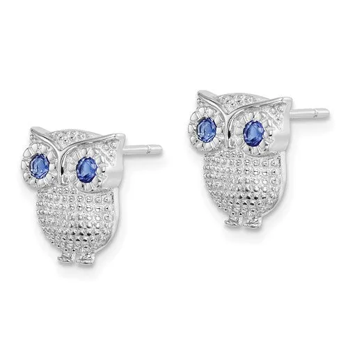 Sterling Silver Blue Created Sapphire Owl Post Earrings