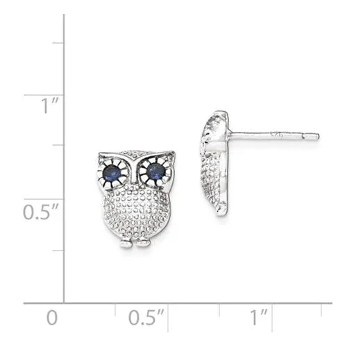 Sterling Silver Blue Created Sapphire Owl Post Earrings