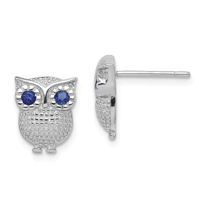 Sterling Silver Blue Created Sapphire Owl Post Earrings