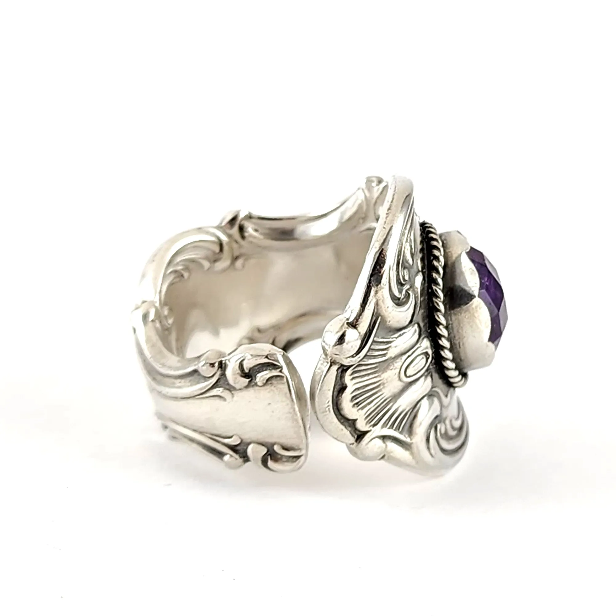 Sterling Silver Rose Cut Amethyst Spoon Ring Size 8.25