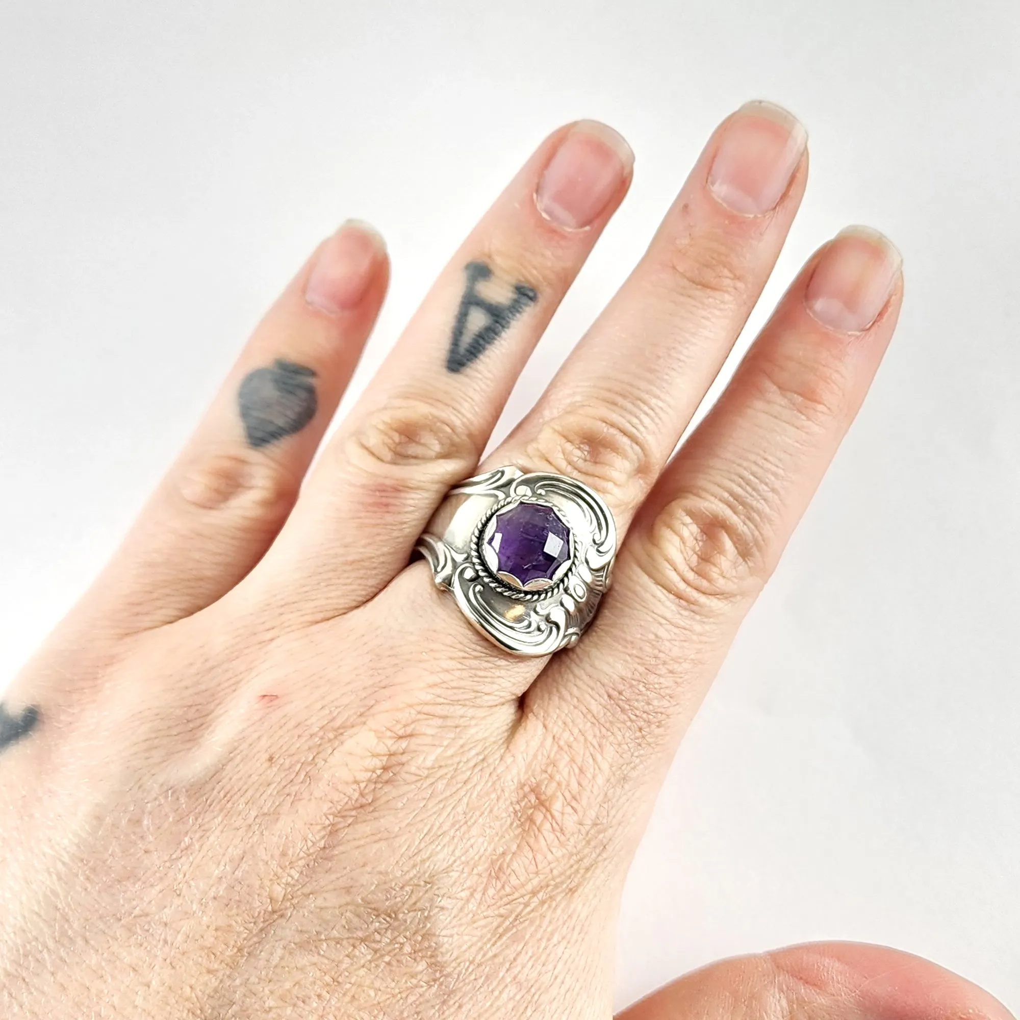 Sterling Silver Rose Cut Amethyst Spoon Ring Size 8.25