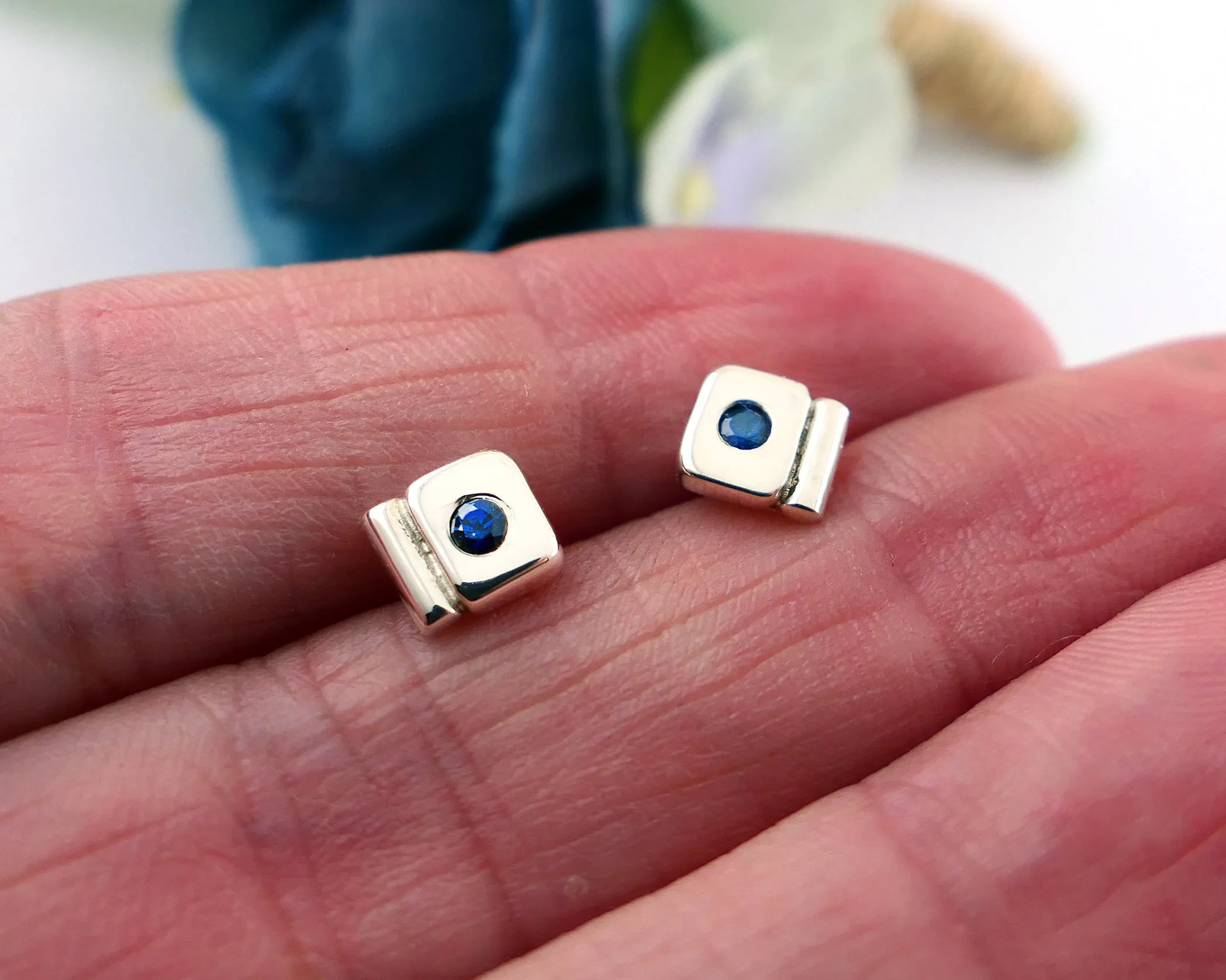 Sterling Silver Sapphire Geometric Stud Earrings