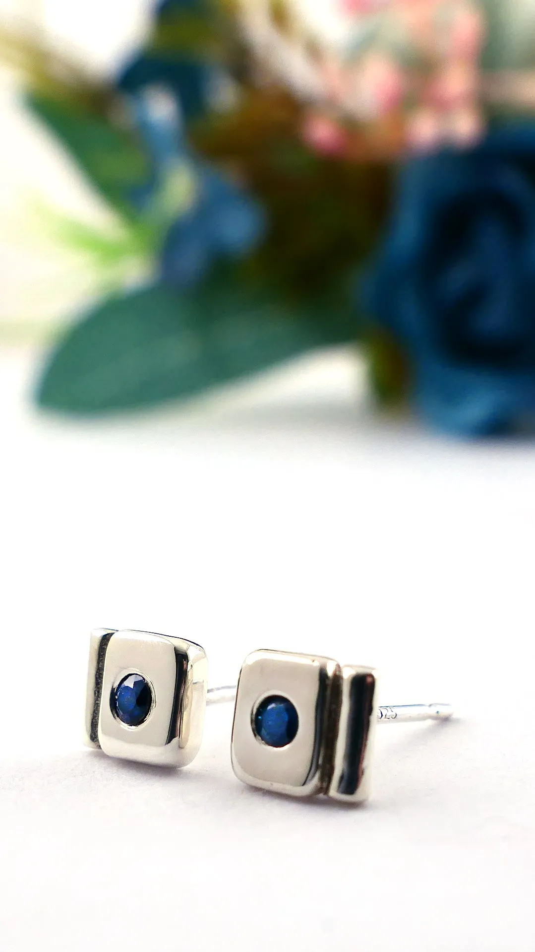 Sterling Silver Sapphire Geometric Stud Earrings