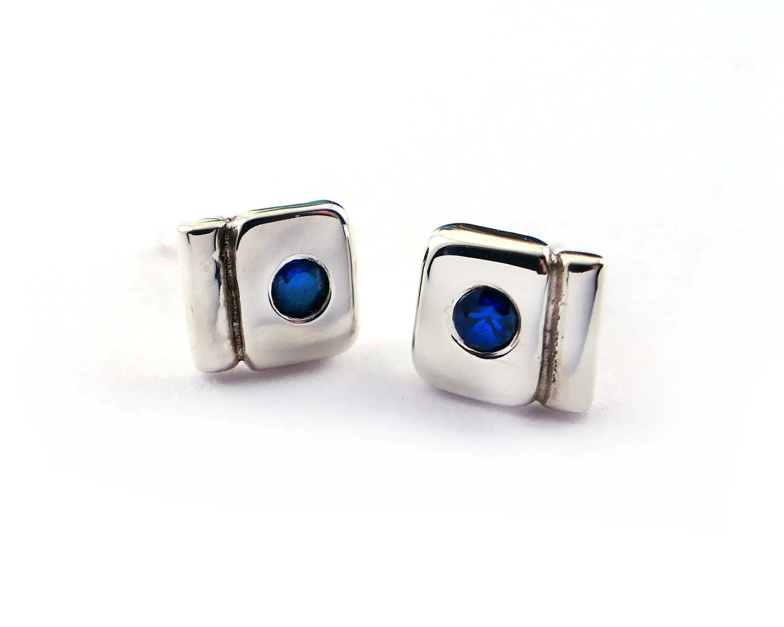 Sterling Silver Sapphire Geometric Stud Earrings