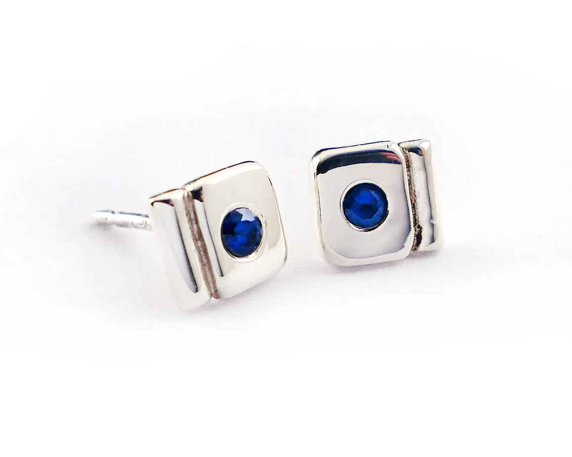 Sterling Silver Sapphire Geometric Stud Earrings