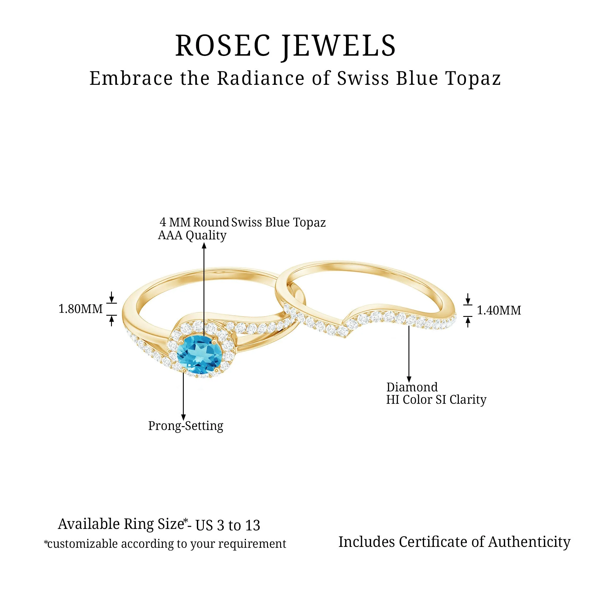 Swiss Blue Topaz Bypass Wedding Ring Set with Diamond Accent