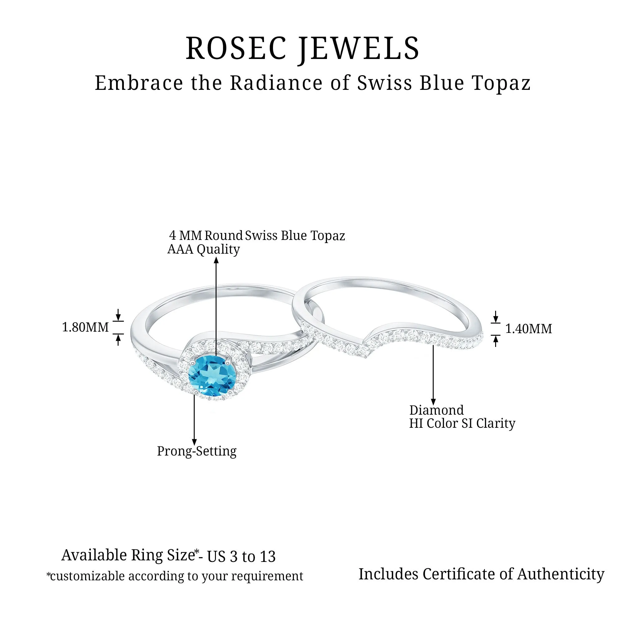 Swiss Blue Topaz Bypass Wedding Ring Set with Diamond Accent