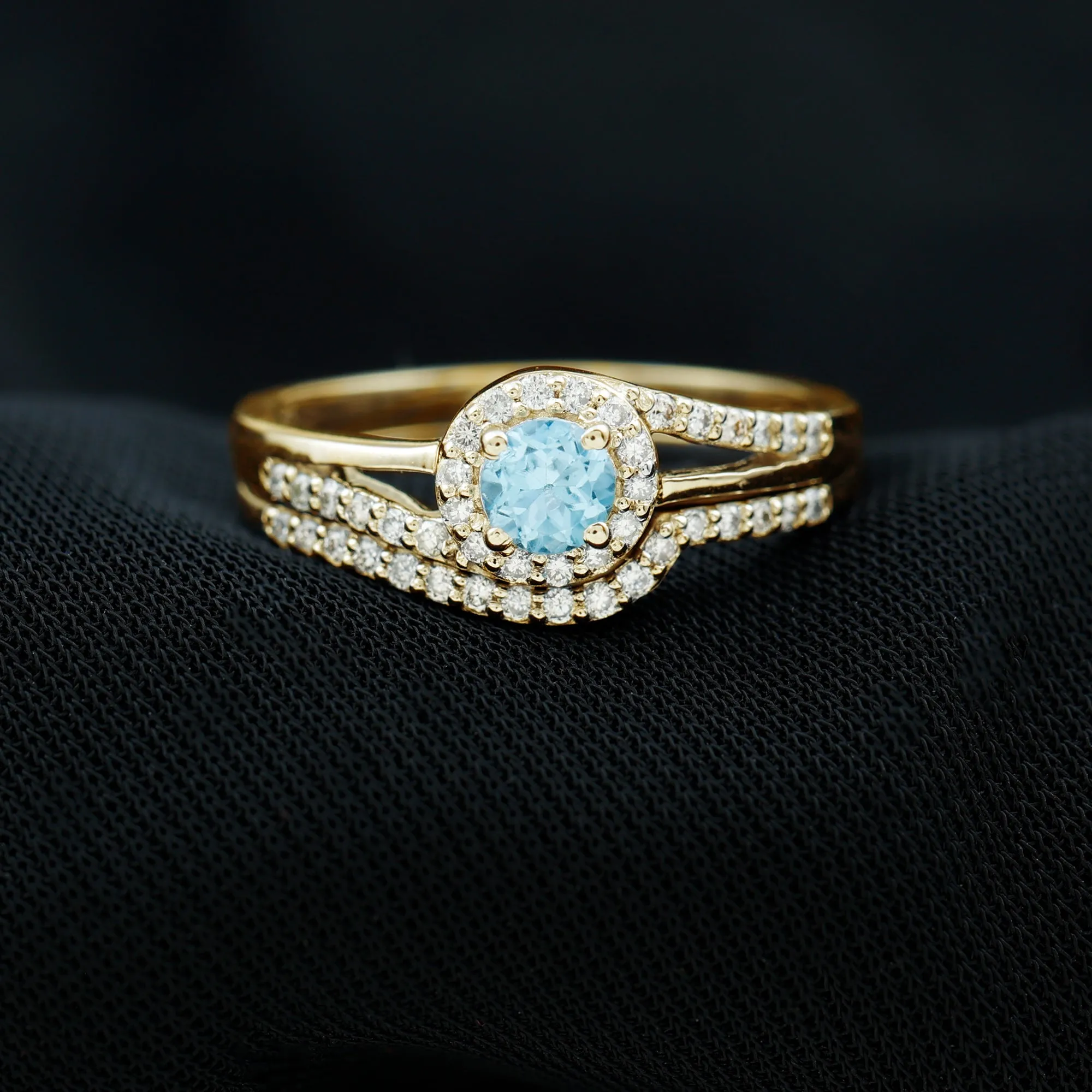 Swiss Blue Topaz Bypass Wedding Ring Set with Diamond Accent