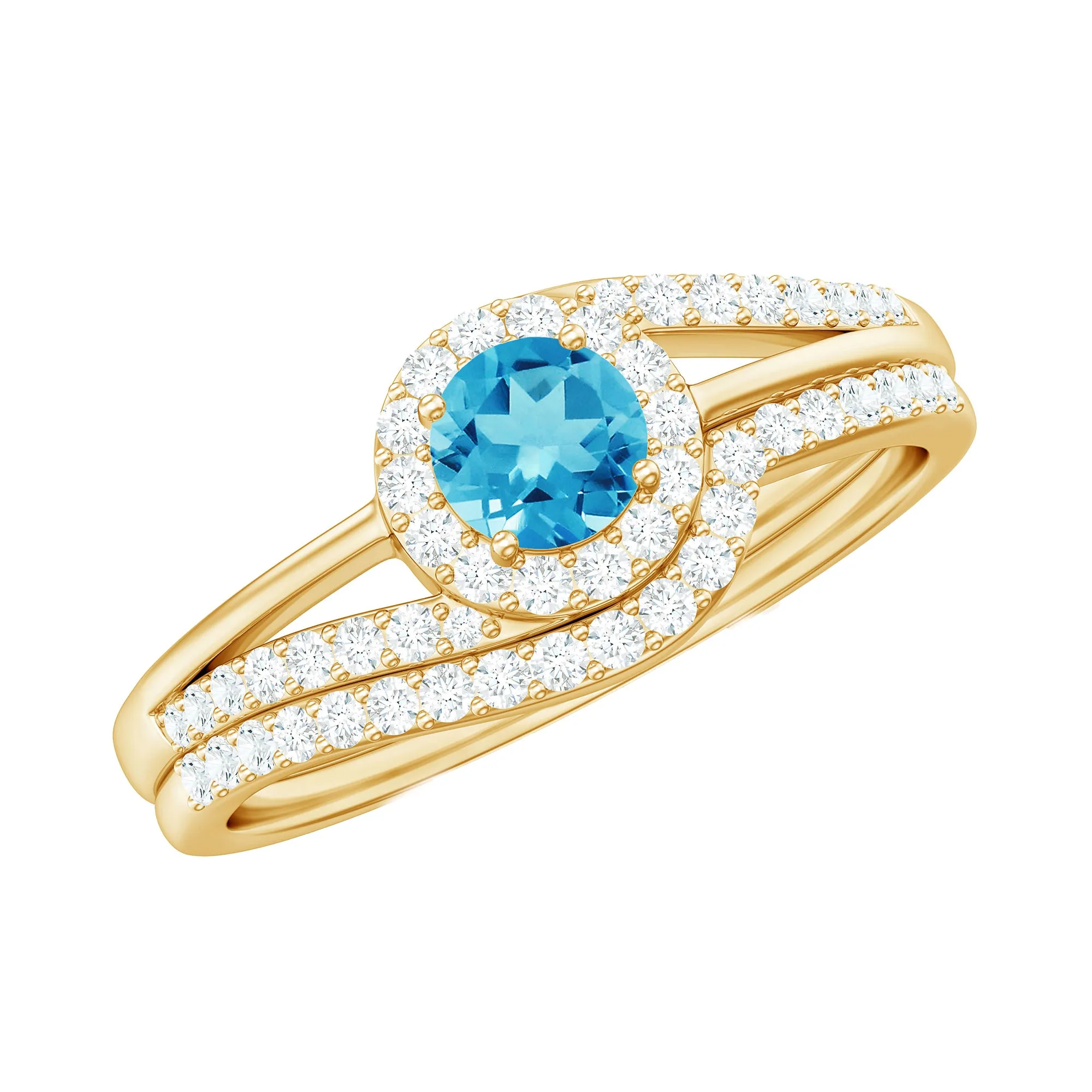 Swiss Blue Topaz Bypass Wedding Ring Set with Diamond Accent