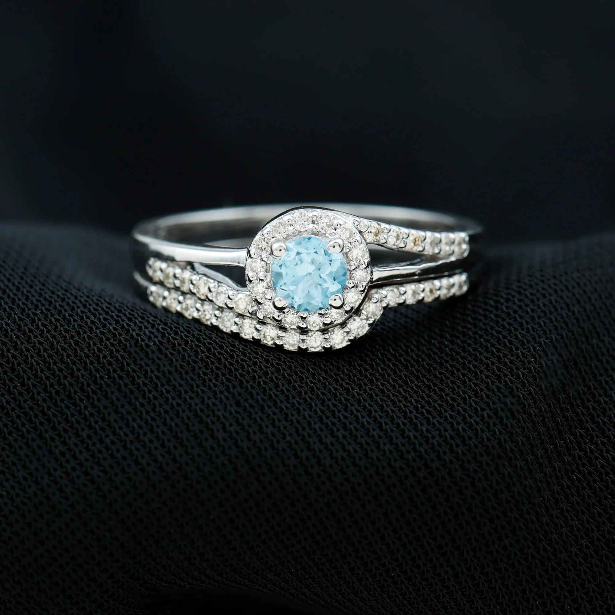 Swiss Blue Topaz Bypass Wedding Ring Set with Diamond Accent