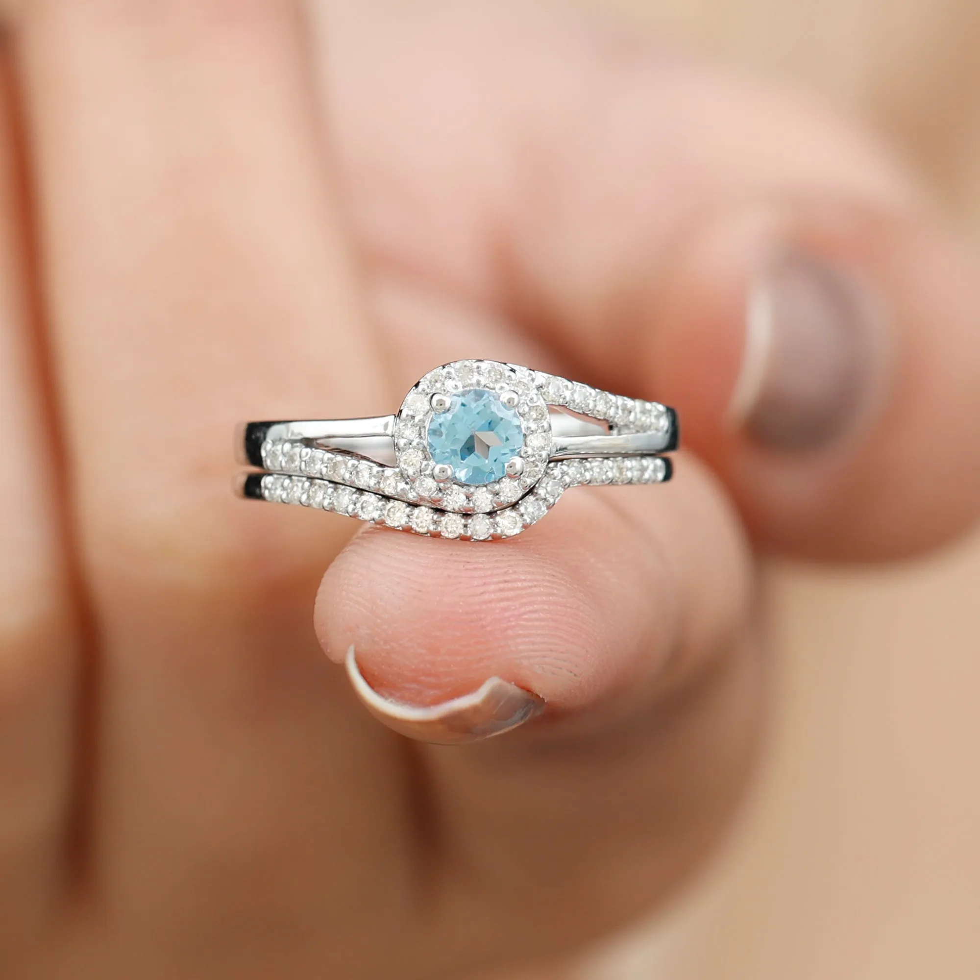 Swiss Blue Topaz Bypass Wedding Ring Set with Diamond Accent