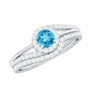 Swiss Blue Topaz Bypass Wedding Ring Set with Diamond Accent