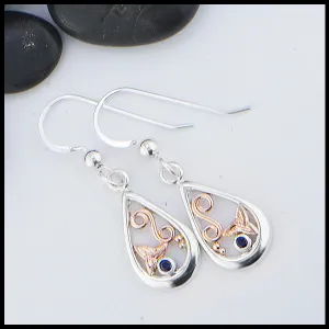 Tear Drop Earrings in Sterling Silver and Rose Gold with Sapphire