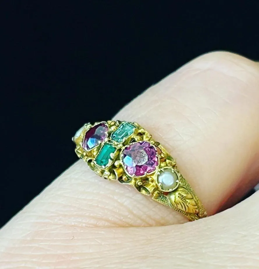 Victorian 15ct Emerald, Rhodolite Garnet & Pearl Ring