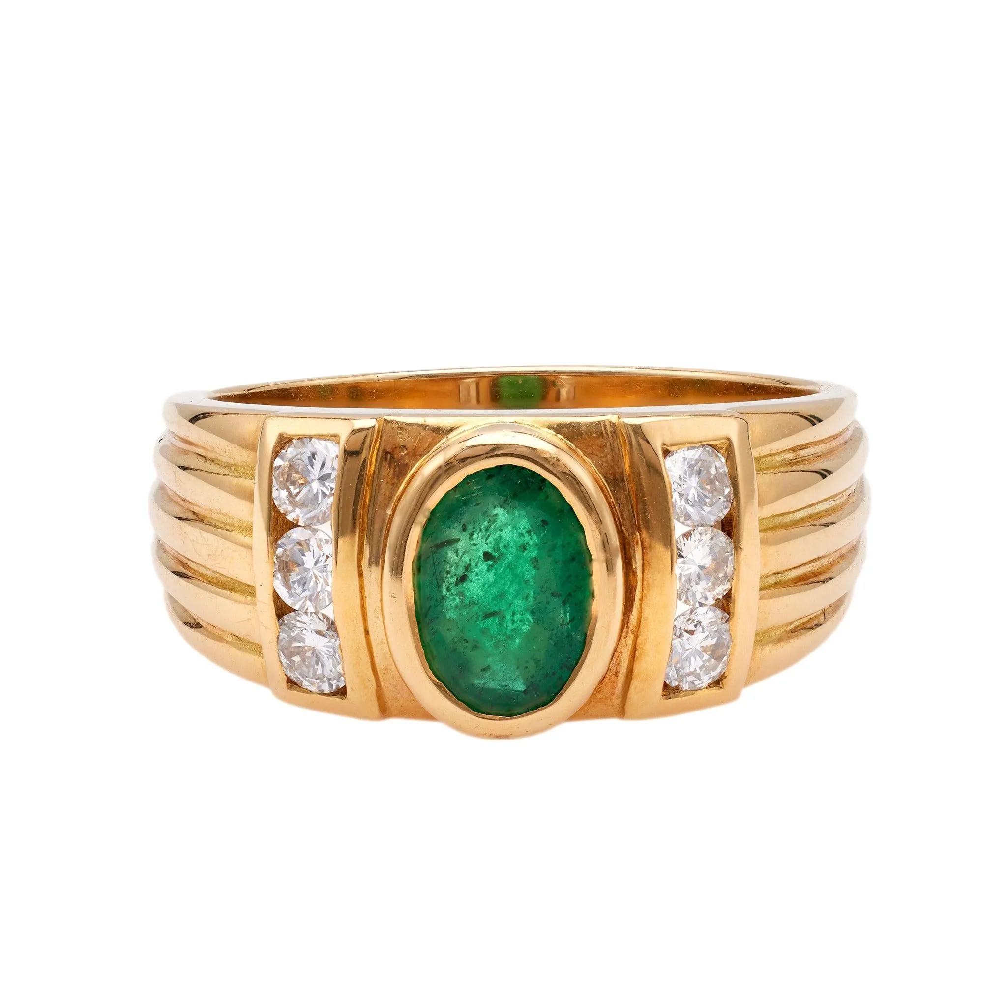 Vintage French Emerald and Diamond 18k Yellow Gold Ring