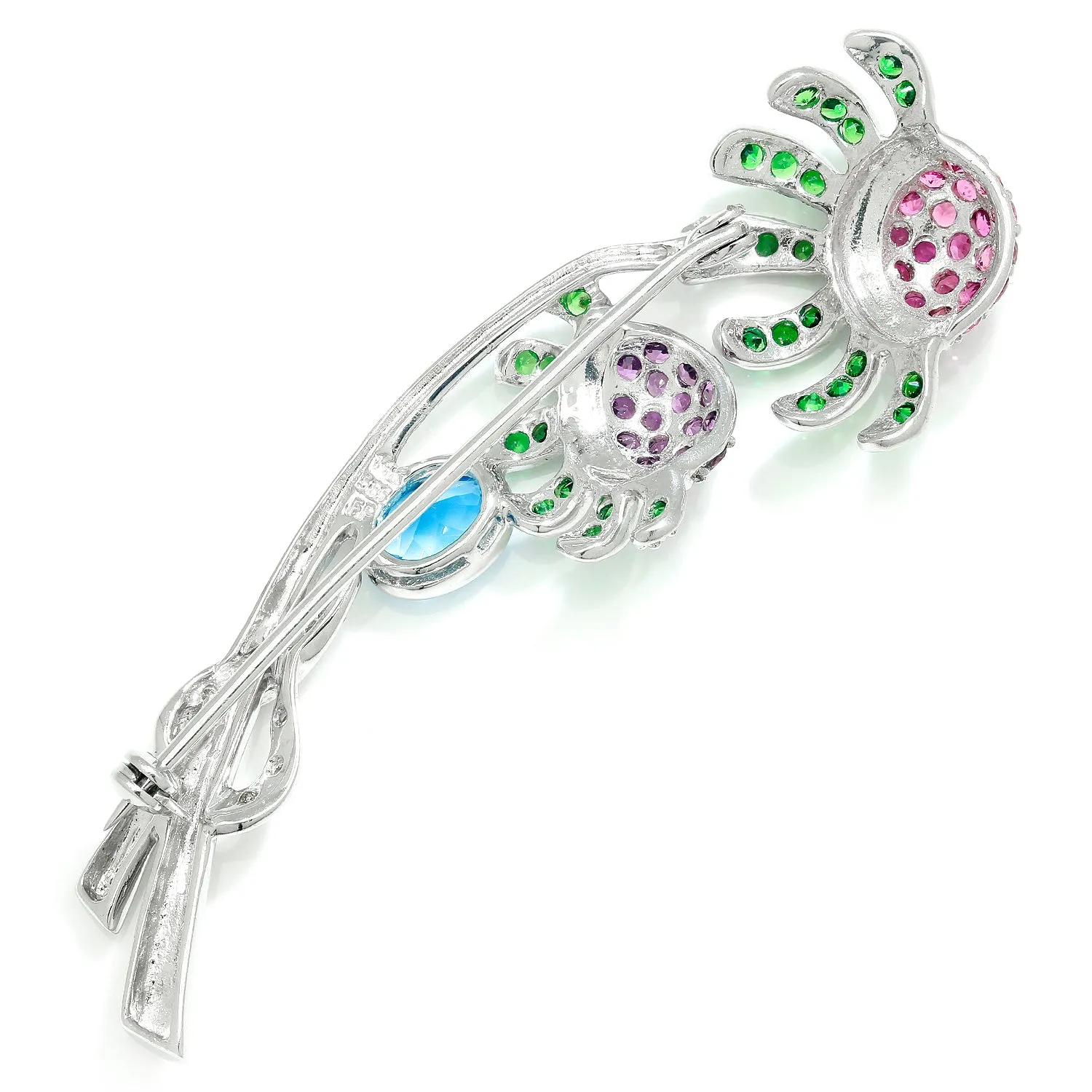 Vintage Multi-Gemstone Flower Brooch Pin 14K White Gold